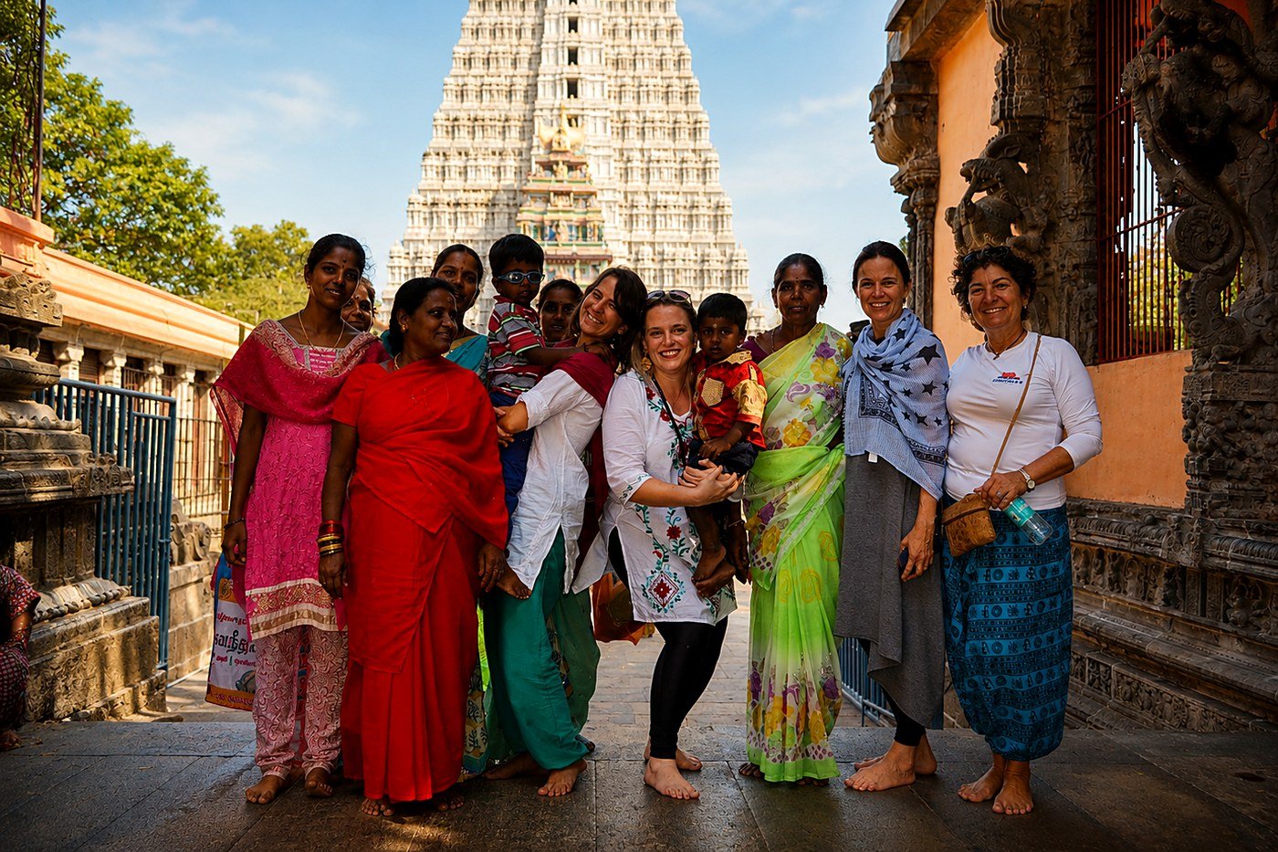 Grupo conduzido pelo Dharmyoga em um templo na Índia, durante jornada anterior