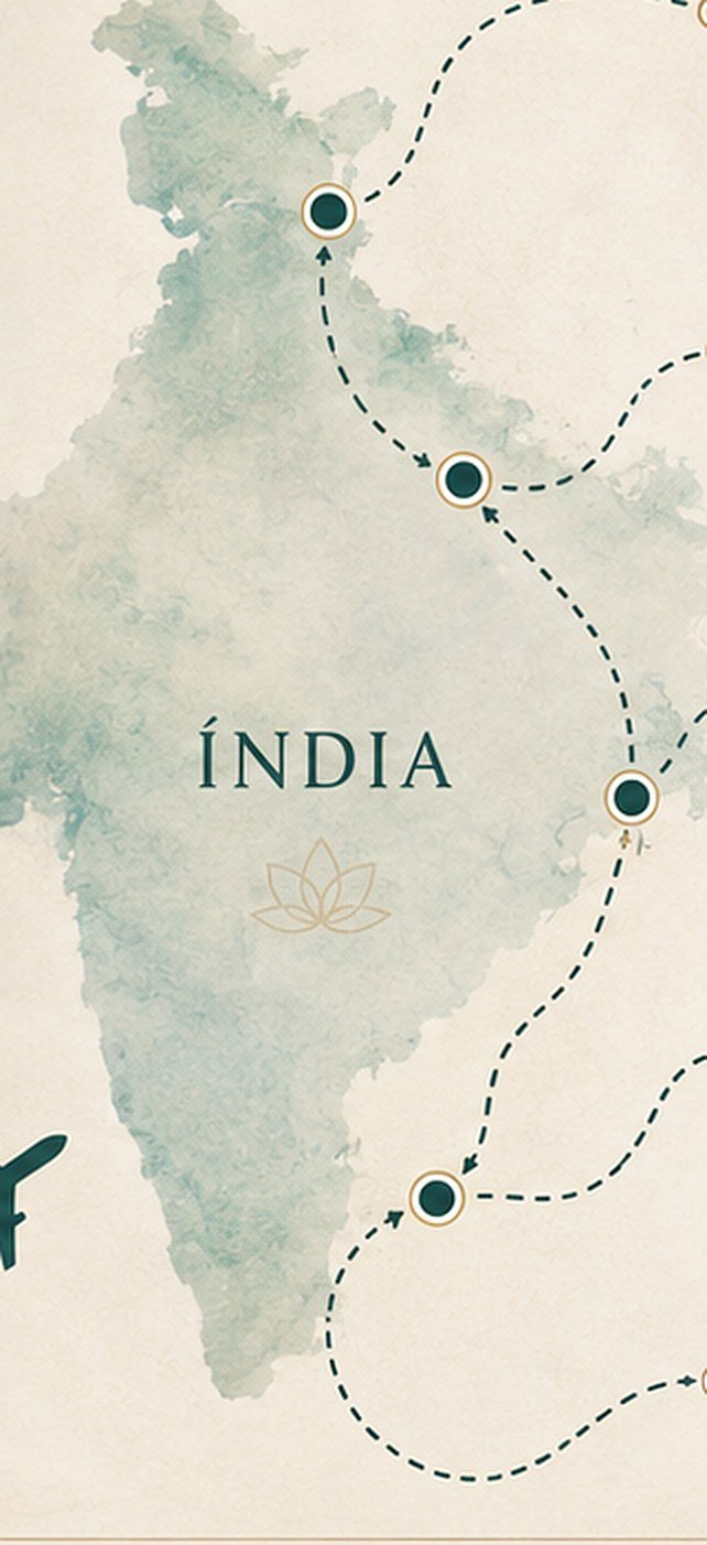 Mapa da Índia com a rota da jornada Dharmyoga, ligando Delhi, Rishikesh, Tiruvannamalai e Auroville