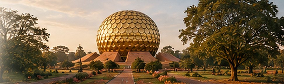 Matrimandir, o templo dourado de Auroville, entre árvores