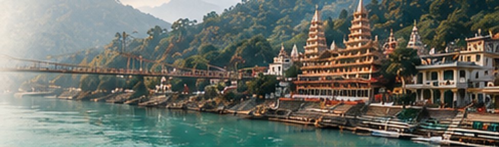 Rishikesh às margens do rio Ganges, com templos na encosta